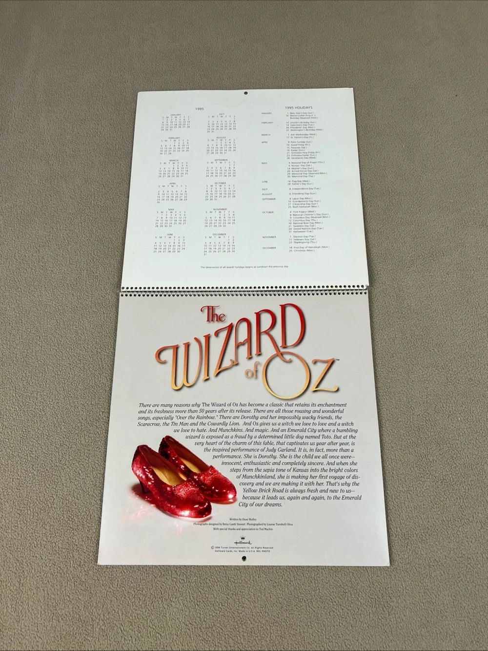 VTG 1995 Hallmark Wizard Of Oz Calendar. Dorothy, Tin Man, Cowardly Lion, Toto.